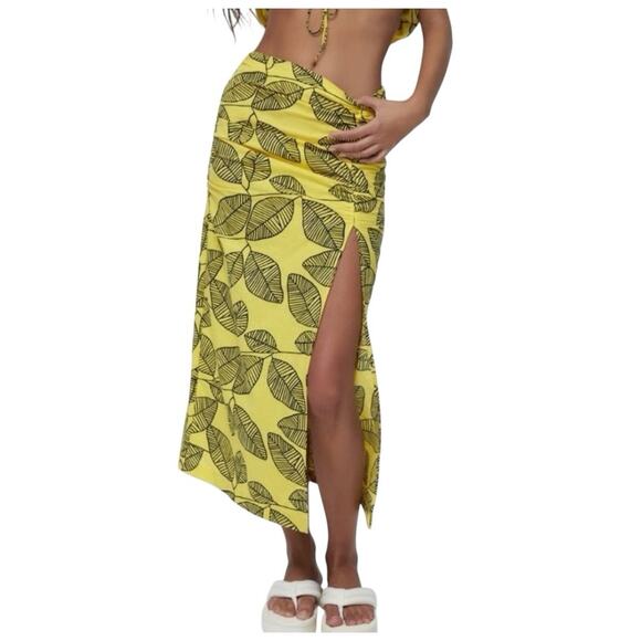Zara Yellow Leaf Print Slit Midi Skirt High Waist Linen Blend M - Picture 8 of 9